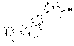 structure of CAS# 1282512-48-4, GDC 0032;4-[5,6-Dihydro-2-[3-methyl-1-(1-methylethyl)-1H-1,2,4-triazol-5-yl]imidazo[1,2-d][1,4]benzoxazepin-9-yl]-alpha,alpha-dimethyl-1H-pyrazole-1-acetamide