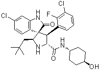 structure of CAS# 1303607-60-4, SAR 405838;(2'S,3R,4'S,5'R)-6-Chloro-4'-(3-chloro-2-fluorophenyl)-2'-(2,2-dimethylpropyl)-1,2-dihydro-N-(trans-4-hydroxycyclohexyl)-2-oxo-spiro[3H-indole-3,3'-pyrrolidine]-5'-carboxamide; MI 77301