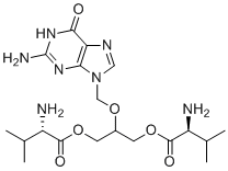 structure of CAS# 130914-71-5, Bis(L-Valine) Ester Ganciclovir TFA Salt;[3-[(2S)-2-amino-3-methylbutanoyl]oxy-2-[(2-amino-6-oxo-1H-purin-9-yl)methoxy]propyl] (2S)-2-amino-3-methylbutanoate
