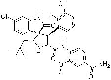 structure of CAS# 1309684-94-3, RO 8994;(2'S,3R,4'S,5'R)-N-[4-(Aminocarbonyl)-2-methoxyphenyl]-6-chloro-4'-(3-chloro-2-fluorophenyl)-2'-(2,2-dimethylpropyl)-1,2-dihydro-2-oxo-spiro[3H-indole-3,3'-pyrrolidine]-5'-carboxamide