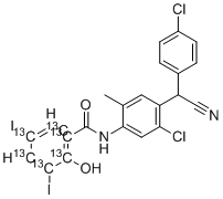 structure of CAS# 1325559-20-3, Closantel-13C6;N-[5-chloro-4-[(4-chlorophenyl)-cyanomethyl]-2-methylphenyl]-2-hydroxy-3,5-diiodo(1,2,3,4,5,6-13C6)cyclohexa-1,3,5-triene-1-carboxamide