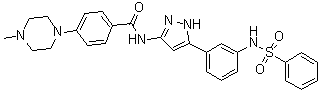 结构式 CAS# 1327167-19-0, N-[5-[3-[(苯磺酰基)氨基]苯基]-1H-吡唑-3-基]-4-(4-甲基哌嗪基)苯甲酰胺