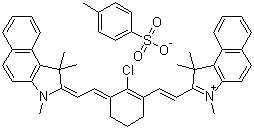 structure of CAS# 134127-48-3, 2-[2-[2-Chloro-3-[2-(1,3-dihydro-1,1,3-trimethyl-2H-benz[e]indol-2-ylidene)ethylidene]-1-cyclohexen-1-yl]ethenyl]-1,1,3-trimethyl-1H-benz[e]indolium salt with 4-methylbenzenesulfonate (1:1);(2E)-2-[(2E)-2-[2-chloro-3-[(E)-2-(1,1,3-trimethylbenzo[e]indol-3-ium-2-yl)ethenyl]cyclohex-2-en-1-ylidene]ethylidene]-1,1,3-trimethylbenzo[e]indole;4-methylbenzenesulfonate