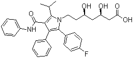 结构式 CAS# 134523-00-5, 阿伐他汀; 阿托伐他汀; (3R,5R)-7-[2-(4-氟苯基)-3-苯基-4-(苯基氨基甲酰基)-5-异丙基-吡咯-1-基]-3,5-二羟基庚酸