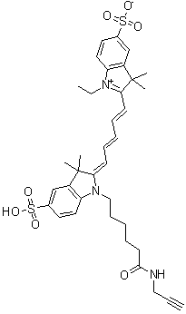 2-[5-[1,3-Dihydro-3,3-dimethyl-1-[6-oxo-6-(2-propyn-1-ylamino)hexyl]-5-sulfo-2H-indol-2-ylidene]-1,3-pentadien-1-yl]-1-ethyl-3,3-dimethyl-5-sulfo-3H-indolium inner salt molecular structure (CAS 1345823-20-2)