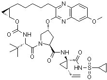 structure of CAS# 1350514-68-9, Grazoprevir;(1R,2S)-N-[[[(1R,2R)-2-[5-(3-Hydroxy-6-methoxy-2-quinoxalinyl)pentyl]cyclopropyl]oxy]carbonyl]-3-methyl-L-valyl-(4R)-4-hydroxy-L-prolyl-1-amino-N-(cyclopropylsulfonyl)-2-ethenylcyclopropanecarboxamide cyclic (1→2)-ether; ; MK 5172