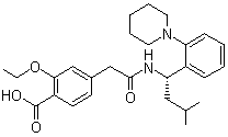 结构式 CAS# 135062-02-1, 瑞格列奈; (S)-2-乙氧基-4-[2-[3-甲基-1-[2-(1-哌啶基)苯基]-丁烷基]-氨基]-2-羰乙基苯甲酸