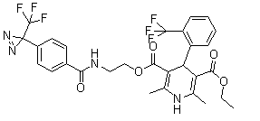 structure of CAS# 135330-18-6, 1,4-Dihydro-2,6-dimethyl-4-[2-(trifluoromethyl)phenyl]-3,5-pyridinedicarboxylic acid 3-ethyl 5-[2-[[4-[3-(trifluoromethyl)-3H-diazirin-3-yl]benzoyl]amino]ethyl] ester