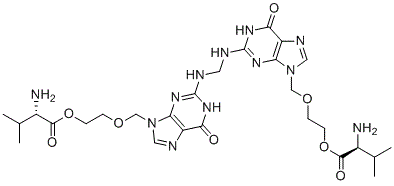 structure of CAS# 1356019-51-6, Bis valacyclovir;2-[[2-[[[9-[2-[(2S)-2-amino-3-methylbutanoyl]oxyethoxymethyl]-6-oxo-1H-purin-2-yl]amino]methylamino]-6-oxo-1H-purin-9-yl]methoxy]ethyl (2S)-2-amino-3-methylbutanoate