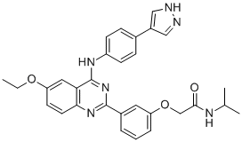 structure of CAS# 1369452-53-8, 2-[3-[6-ethoxy-4-[4-(1H-pyrazol-4-yl)anilino]quinazolin-2-yl]phenoxy]-N-propan-2-ylacetamide;KL-11743
