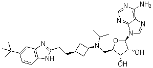 结构式 CAS# 1380288-87-8, 9-[5-脱氧-5-[[顺式-3-[2-[6-叔丁基-1H-苯并咪唑-2-基]乙基]环丁基](1-甲基乙基)氨基]-beta-D-呋喃核糖基]-9H-嘌呤-6-胺