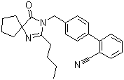 structure of CAS# 138401-24-8, 4'-[(2-Butyl-4-oxo-1,3-diazaspiro[4.4]non-1-en-3-yl)methyl]biphenyl-2-carbonitrile;4'-[(2-Butyl-4-oxo-1,3-diazaspiro[4.4]non-1-en-3-yl)methyl]-(1,1'-biphenyl)-2-carbonitrile