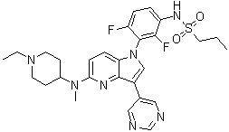 structure of CAS# 1392429-79-6, N-[3-[5-[(1-Ethyl-4-piperidinyl)methylamino]-3-(5-pyrimidinyl)-1H-pyrrolo[3,2-b]pyridin-1-yl]-2,4-difluorophenyl]-1-propanesulfonamide