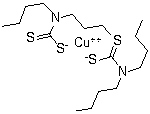 structure of CAS# 13927-71-4, Bis(N,N-dibutyldithiocarbamato)copper;Bis(dibutyldithiocarbamato)copper; Copper bis(dibutyldithiocarbamate); Copper dibutyldithiocarbamate; Copper(2+) dibutyldithiocarbamate; NSC 22318