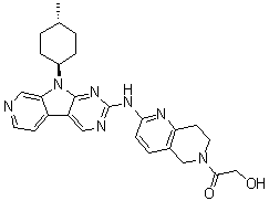 structure of CAS# 1401033-86-0, AMG 925;1-[7,8-Dihydro-2-[[9-(trans-4-methylcyclohexyl)-9H-pyrido[4',3':4,5]pyrrolo[2,3-d]pyrimidin-2-yl]amino]-1,6-naphthyridin-6(5H)-yl]-2-hydroxyethanone