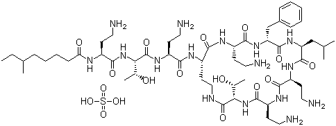 structure of CAS# 1405-20-5, Polymyxin B sulfate;Aerosporin; N-[3-Amino-1-[[1-[[3-amino-1-[[6,9,18-tris(2-aminoethyl)-15-benzyl-3-(1-hydroxyethyl)-12-(2-methylpropyl)-2,5,8,11,14,17,20-heptaoxo-1,4,7,10,13,16,19-heptazacyclotricos-21-yl]carbamoyl]propyl]carbamoyl]-2-hydroxy-propyl]carbamoyl]propyl]-6-methyl-octanamide sulfuric acid