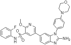 结构式 CAS# 1416334-69-4, 5-(2-氨基-1-(4-吗啉基苯基)-1H-苯并咪唑-6-基)-N-(2-氟苯基)-2-甲氧基吡啶-3-磺酰胺