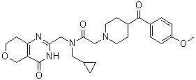 structure of CAS# 1419949-20-4, N-Cyclopropylmethyl-2-[4-(4-methoxybenzoyl)piperidin-1-yl]-N-[(4-oxo-3,5,7,8-tetrahydro-4H-pyrano[4,3-d]pyrimidin-2-yl)methyl]acetamide