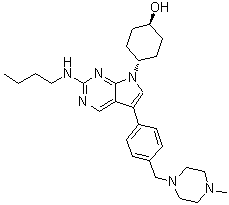 structure of CAS# 1429881-91-3, trans-4-[2-(Butylamino)-5-[4-[(4-methyl-1-piperazinyl)methyl]phenyl]-7H-pyrrolo[2,3-d]pyrimidin-7-yl]cyclohexanol;UNC 2025