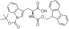 structure of CAS# 143824-78-6, Fmoc-Trp(Boc)-OH;N-alpha-Fmoc-N(in)-Boc-L-tryptophan; N-alpha-(9-Fluorenylmethyloxycarbonyl)-N-in-tert-butyl-oxycarbonyl-L-tryptophan