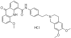 structure of CAS# 143851-98-3, Elacridar hydrochloride;N-[4-[2-(3,4-Dihydro-6,7-dimethoxy-2(1H)-isoquinolinyl)ethyl]phenyl]-9,10-dihydro-5-methoxy-9-oxo-4-acridinecarboxamide monohydrochloride; GF 120918A