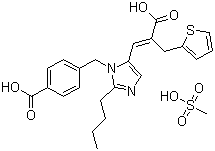 结构式 CAS# 144143-96-4, 甲磺酸依普罗沙坦; 4-[[2-丁基-5-(2-羧基-3-噻吩-2-基-丙烯-1-基)-咪唑-1-基]甲基]苯甲酸甲磺酸盐