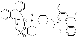structure of CAS# 1445085-55-1, (SP-4-3)-[2'-(Amino)[1,1'-biphenyl]-2-yl][dicyclohexyl[2',4',6'-tris(1-methylethyl)[1,1'-biphenyl]-2-yl]phosphine](methanesulfonato)palladium;xphos pd g3