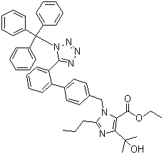 structure of CAS# 144690-33-5, Trityl olmesartan ethyl ester;4-(1-Hydroxy-1-methylethyl)-2-propyl-1-[[2'-[1-(triphenylmethyl)-1H-tetrazol-5-yl][1,1'-biphenyl]-4-yl]methyl]-1H-imidazole-5-carboxylic acid ethyl ester