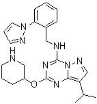 结构式 CAS# 1453834-21-3, 8-(1-甲基乙基)-2-(3-哌啶基氧基)-N-[[2-(1H-吡唑-1-基)苯基]甲基]吡唑并[1,5-a]-1,3,5-三嗪-4-胺