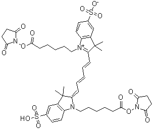 structure of CAS# 146368-15-2, Cy 5;1-[6-[(2,5-Dioxo-1-pyrrolidinyl)oxy]-6-oxohexyl]-2-[5-[1-[6-[(2,5-dioxo-1-pyrrolidinyl)oxy]-6-oxohexyl]-1,3-dihydro-3,3-dimethyl-5-sulfo-2H-indol-2-ylidene]-1,3-pentadien-1-yl]-3,3-dimethyl-5-sulfo-3H-indolium inner salt