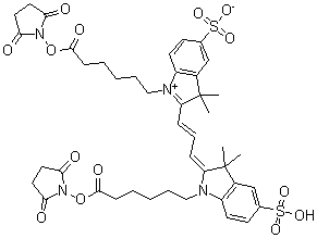 1-[6-[(2,5-Dioxo-1-pyrrolidinyl)oxy]-6-oxohexyl]-2-[3-[1-[6-[(2,5-dioxo-1-pyrrolidinyl)oxy]-6-oxohexyl]-1,3-dihydro-3,3-dimethyl-5-sulfo-2H-indol-2-ylidene]-1-propenyl]-3,3-dimethyl-5-sulfo-3H-indolium inner salt molecular structure (CAS 146397-20-8)