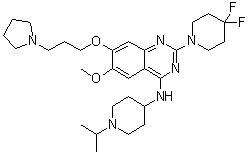 structure of CAS# 1481677-78-4, 2-(4,4-Difluoro-1-piperidinyl)-6-methoxy-N-[1-(1-methylethyl)-4-piperidinyl]-7-[3-(1-pyrrolidinyl)propoxy]-4-quinazolinamine;UNC 0642