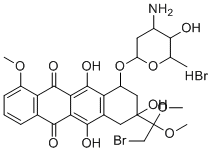 structure of CAS# 148218-14-8, Doxorubicin EP Impurity B HBr;7-(4-amino-5-hydroxy-6-methyloxan-2-yl)oxy-9-(2-bromo-1,1-dimethoxyethyl)-6,9,11-trihydroxy-4-methoxy-8,10-dihydro-7H-tetracene-5,12-dione hydrobromide