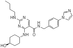 structure of CAS# 1493764-08-1, 2-(Butylamino)-4-[(trans-4-hydroxycyclohexyl)amino]-N-[[4-(1H-imidazol-1-yl)phenyl]methyl]-5-pyrimidinecarboxamide;UNC 2881