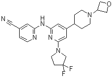 structure of CAS# 1496581-76-0, 2-[[6-(3,3-Difluoro-1-pyrrolidinyl)-4-[1-(3-oxetanyl)-4-piperidinyl]-2-pyridinyl]amino]-4-pyridinecarbonitrile