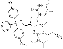 structure of CAS# 153631-20-0, 5'-O-[Bis(4-methoxyphenyl)phenylmethyl]-5-methyl-2'-O-methyluridine 3'-[2-cyanoethyl bis(1-methylethyl)phosphoramidite]