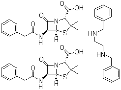 结构式 CAS# 1538-09-6, 苄星青霉素 G; 苄青霉素; 长效西林; (2S,5R,6R)-3,3-二甲基-6-(2-苯乙酰氨基)-7-氧代-4-硫杂-1-氮杂双环[3.2.0]庚烷-2-甲酸二苄基乙二胺