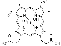 structure of CAS# 15489-90-4, Ferriheme hydroxide;Hematins; Hydroxy[dihydrogen protoporphyrin IX-ato(2-)]iron; Hydroxyhemin; Phenodin; Protohematin; [Dihydrogen 3,7,12,17-tetramethyl-8,13-divinyl-2,18-porphinedipropionato(2-)]hydroxyiron