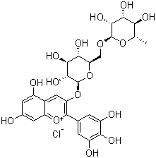 structure of CAS# 15674-58-5, Delphinidin 3-rutinoside chloride;3',4',5,5',7-Pentahydroxy-3-[(6-O-alpha-L-rhamnosyl-beta-D-glucosyl)oxy]flavylium chloride; 3-[[6-O-(6-Deoxy-alpha-L-mannopyranosyl)-beta-D-glucopyranosyl]oxy]-5,7-dihydroxy-2-(3,4,5-trihydroxyphenyl)-1-benzopyrylium chloride