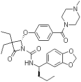 structure of CAS# 157341-41-8, DMP 777;(2S)-N-[(1R)-1-(1,3-Benzodioxol-5-yl)butyl]-3,3-diethyl-2-[4-[(4-methyl-1-piperazinyl)carbonyl]phenoxy]-4-oxo-1-azetidinecarboxamide; L 694458