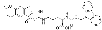 structure of CAS# 157774-30-6, N5-[[[(3,4-Dihydro-2,2,5,7,8-pentamethyl-2H-1-benzopyran-6-yl)sulfonyl]amino]iminomethyl]-N2-[(9H-fluoren-9-ylmethoxy)carbonyl]-D-ornithine