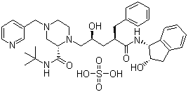 structure of CAS# 157810-81-6, Indinavir sulfate;(1(1S,2R),5(S))-2,3,5-Trideoxy-N-(2,3-dihydro-2-hydroxy-1H-inden-1-yl)-5-(2-(((1,1-dimethylethyl)amino)carbonyl)-4-(3-pyridinylmethyl)-1-piperazinyl)-2-(phenylmethyl)-D-erythro-pentonamide sulfate