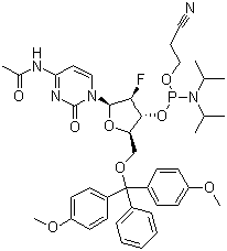 structure of CAS# 159414-99-0, N-Acetyl-5'-O-(4,4-dimethoxytrityl)-2'-deoxy-2'-fluorocytidine-3'-(2-cyanoethyl-N,N-diisopropyl)phosphoramidite;5'-O-DMT-2'-F-dC(N-Ac)-3'-CEDPA