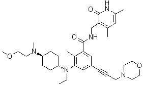 structure of CAS# 1598383-40-4, EPZ 011989;N-[(1,2-Dihydro-4,6-dimethyl-2-oxo-3-pyridinyl)methyl]-3-[ethyl[trans-4-[(2-methoxyethyl)methylamino]cyclohexyl]amino]-2-methyl-5-[3-(4-morpholinyl)-1-propyn-1-yl]benzamide
