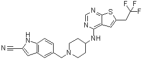 structure of CAS# 1628316-74-4, 5-[[4-[[6-(2,2,2-Trifluoroethyl)thieno[2,3-d]pyrimidin-4-yl]amino]-1-piperidinyl]methyl]-1H-indole-2-carbonitrile;MI 136
