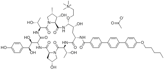structure of CAS# 1631754-41-0, Biafungin acetate;2-[[(3S,9S,11R,15S,18S,20R,21R,24S,25S,26S)-6-[(1S,2S)-1,2-dihydroxy-2-(4-hydroxyphenyl)ethyl]-11,20,25-trihydroxy-3,15-bis[(1R)-1-hydroxyethyl]-26-methyl-2,5,8,14,17,23-hexaoxo-18-[[4-[4-(4-pentoxyphenyl)phenyl]benzoyl]amino]-1,4,7,13,16,22-hexazatricyclo[22.3.0.09,13]heptacosan-21-yl]oxy]ethyl-trimethylazanium;acetate