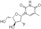 结构式 CAS# 163252-36-6, 克拉夫定; 1-(2'-脱氧-2'-氟-L-阿拉伯呋喃糖基)-5-甲基尿嘧啶