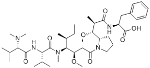 structure of CAS# 163768-50-1, Auristatin F;(2S)-2-[[(2R,3R)-3-[(2S)-1-[(3R,4S,5S)-4-[[(2S)-2-[[(2S)-2-(dimethylamino)-3-methylbutanoyl]amino]-3-methylbutanoyl]-methylamino]-3-methoxy-5-methylheptanoyl]pyrrolidin-2-yl]-3-methoxy-2-methylpropanoyl]amino]-3-phenylpropanoic acid