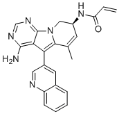structure of CAS# 1661854-97-2, (S)-N-(4-amino-6-methyl-5-(quinolin-3-yl)-8,9-dihydropyrimido[5,4-b]indolizin-8-yl)acrylamide;N-[(8S)-4-amino-6-methyl-5-quinolin-3-yl-8,9-dihydropyrimido[5,4-b]indolizin-8-yl]prop-2-enamide