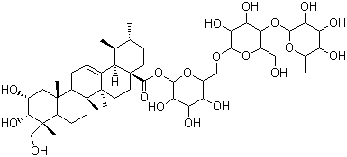 structure of CAS# 16830-15-2, Asiaticoside;[6-[[3,4-Dihydroxy-6-(hydroxymethyl)-5-(3,4,5-trihydroxy-6-methyl-oxan-2-yl)oxy-oxan-2-yl]oxymethyl]-3,4,5-trihydroxy-oxan-2-yl] (1S,2R,4aS,6aS,6bR,9S,10R,11R,12aS,14bR)-10,11-dihydroxy-9-(hydroxymethyl)-1,2,6a,6b,9,12a-hexamethyl-2,3,4,5,6,6a,7,8,8a,10,11,12,13,14b-tetradecahydro-1H-picene-4a-carboxylate
